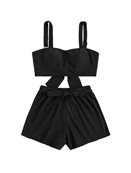 SweatyRocks Women's 2 Piece Outfits Summer Sleeveless Tie Back Crop Cami Top and Shorts Set