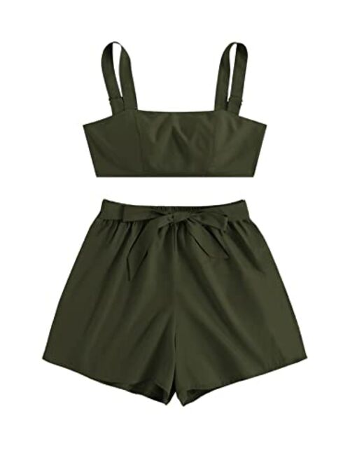 SweatyRocks Women's 2 Piece Outfits Summer Sleeveless Tie Back Crop Cami Top and Shorts Set