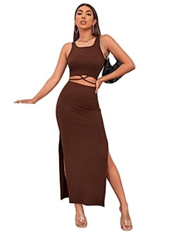 Women's Sleeveless Cutout Ribbed Maxi Dress Split Long Bodycon Dresses