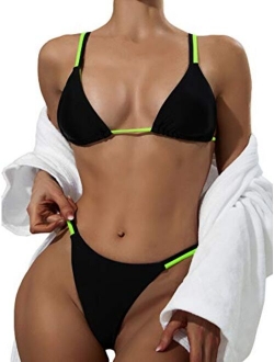 Women's 2 Piece Triangle Bathing Suit Halter Top Tie Side Thong Bikini Swimsuits