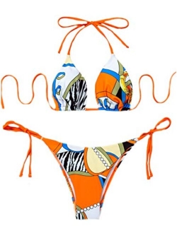 Women's 2 Piece Triangle Bathing Suit Halter Top Tie Side Thong Bikini Swimsuits