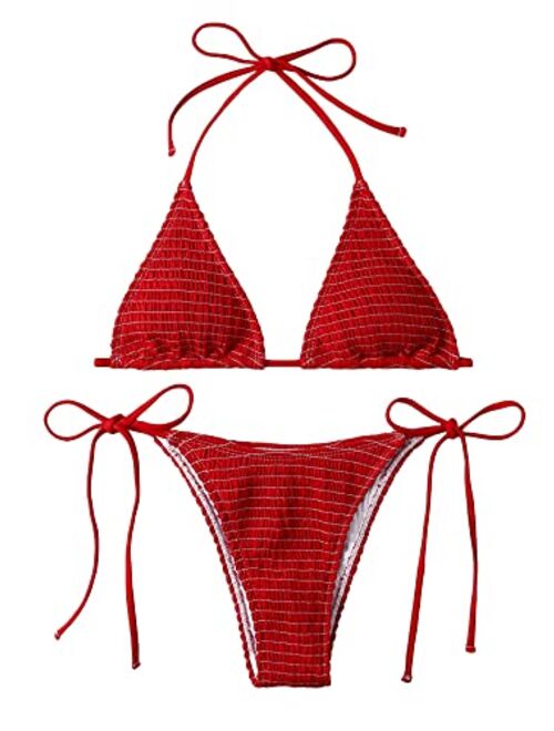 SweatyRocks Women's 2 Piece Triangle Bathing Suit Halter Top ​Tie Side Thong Bikini Swimsuits