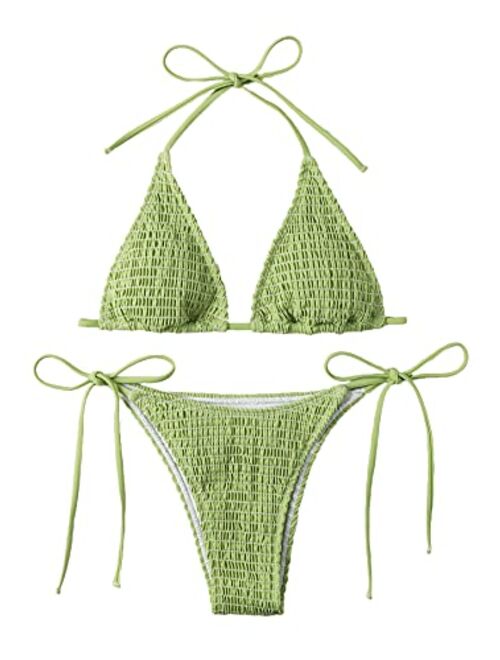 SweatyRocks Women's 2 Piece Triangle Bathing Suit Halter Top ​Tie Side Thong Bikini Swimsuits