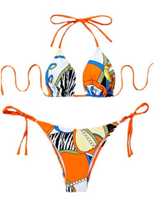 SweatyRocks Women's 2 Piece Triangle Bathing Suit Halter Top ​Tie Side Thong Bikini Swimsuits