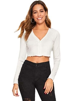 Women's Casual V Neck Button Down Long Sleeve Crop Top T Shirt