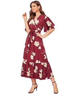 Women's Boho Wrap V Neck Floral Ruffle Hem Peplum Long Dresses with Belt