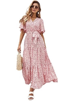 Women's Boho Wrap V Neck Floral Ruffle Hem Peplum Long Dresses with Belt