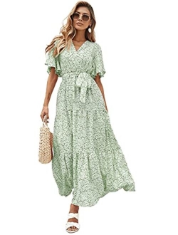 Women's Boho Wrap V Neck Floral Ruffle Hem Peplum Long Dresses with Belt