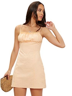 Women's Casual Spaghetti Strap Ruched Frill Trim Cami Mini Dress