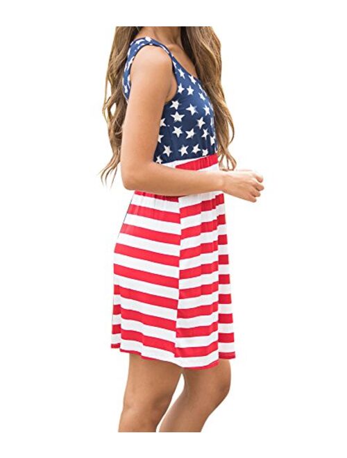 Imily Bela Women's Sleeveless Floral Print Stars and Stripes Racerback Midi Tank Dress USA Flag