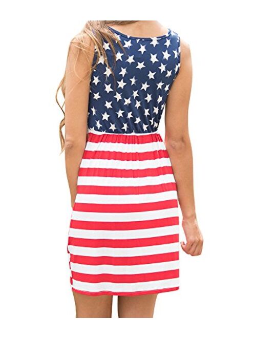 Imily Bela Women's Sleeveless Floral Print Stars and Stripes Racerback Midi Tank Dress USA Flag