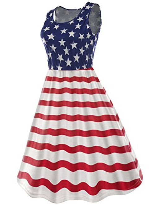 Imily Bela Women's Sleeveless Floral Print Stars and Stripes Racerback Midi Tank Dress USA Flag