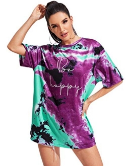 Women's Loose Short Sleeve Letter Print Tie Dye Tunic Tee Shirt Dress