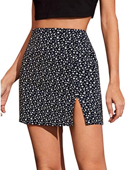 SweatyRocks Women's Casual Floral Print Split Bodycon Short Mini Skirt