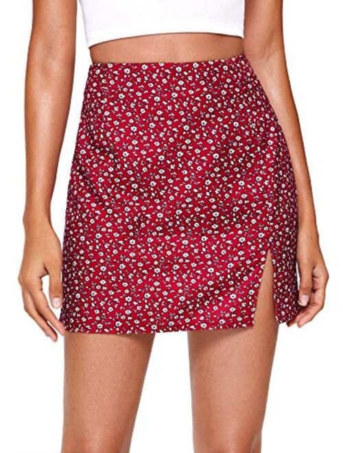 SweatyRocks Women's Casual Floral Print Split Bodycon Short Mini Skirt