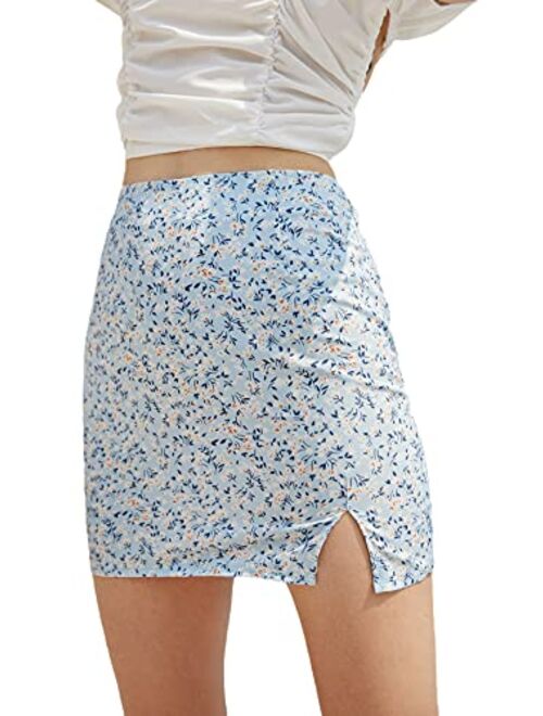 SweatyRocks Women's Casual Floral Print Split Bodycon Short Mini Skirt