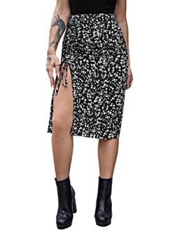 Women's Casual High Waist Boho Printed Side Split A-Line Midi Skirt