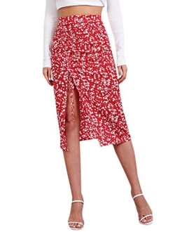 Women's Casual High Waist Boho Printed Side Split A-Line Midi Skirt