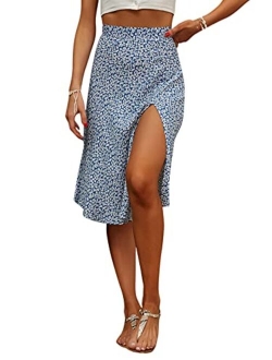 Women's Casual High Waist Boho Printed Side Split A-Line Midi Skirt