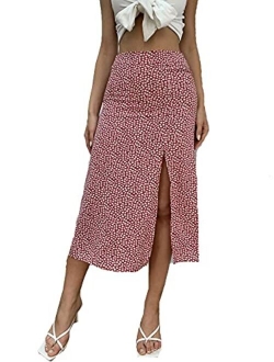 Women's Casual High Waist Boho Printed Side Split A-Line Midi Skirt