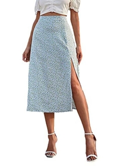 Women's Casual High Waist Boho Printed Side Split A-Line Midi Skirt