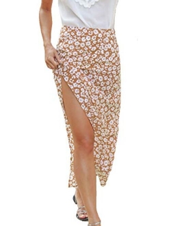 Women's Casual High Waist Boho Printed Side Split A-Line Midi Skirt