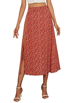 Women's Casual High Waist Boho Printed Side Split A-Line Midi Skirt