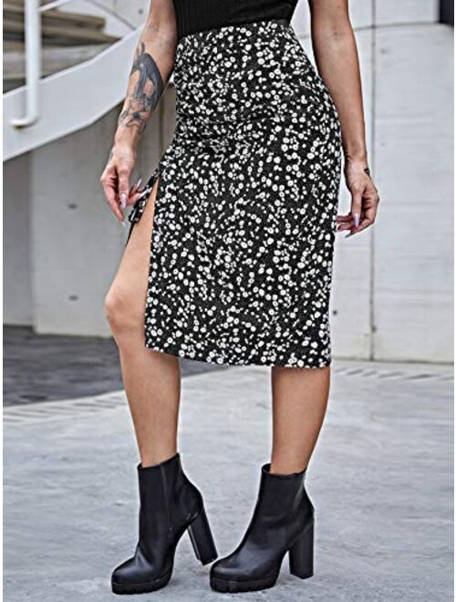 Buy SweatyRocks Women's Casual High Waist Boho Printed Side Split A-Line  Midi Skirt online