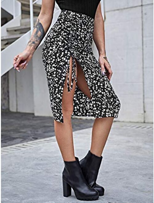 Buy SweatyRocks Women's Casual High Waist Boho Printed Side Split A-Line  Midi Skirt online