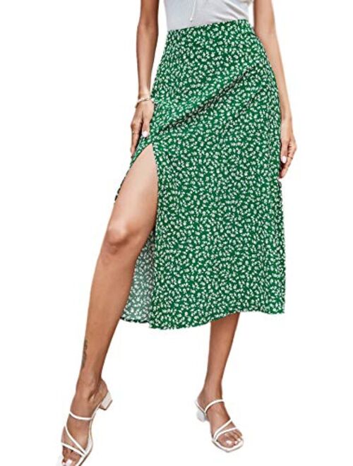 SweatyRocks Women's Casual High Waist Boho Printed Side Split A-Line Midi Skirt