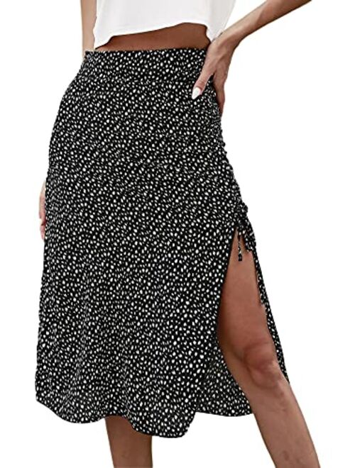 SweatyRocks Women's Casual High Waist Boho Printed Side Split A-Line Midi Skirt