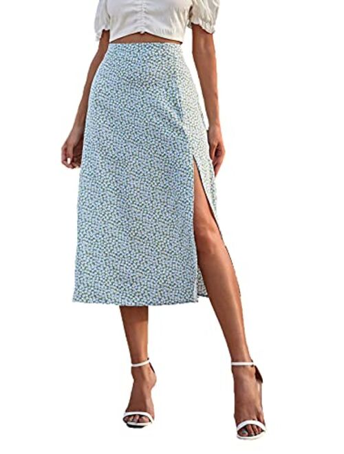 SweatyRocks Women's Casual High Waist Boho Printed Side Split A-Line Midi Skirt