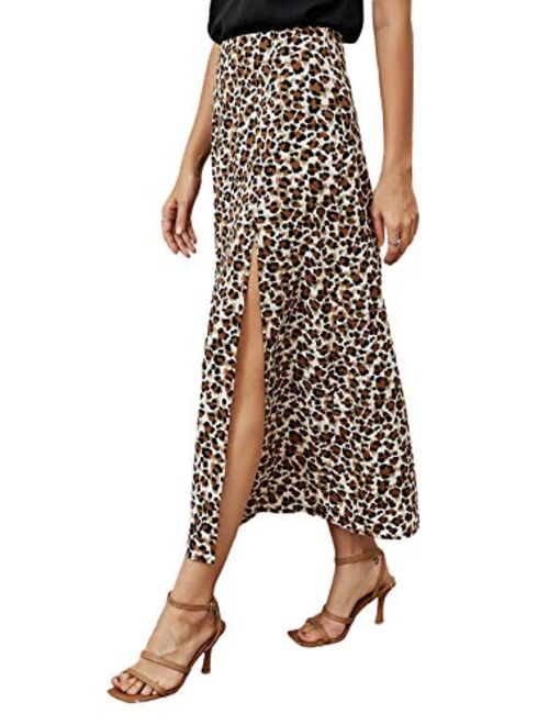 SweatyRocks Women's Casual High Waist Boho Printed Side Split A-Line Midi Skirt