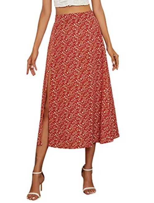 SweatyRocks Women's Casual High Waist Boho Printed Side Split A-Line Midi Skirt