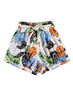 Women's Casual Tribal Print Elastic Waist Tie Front Summer Beach Shorts