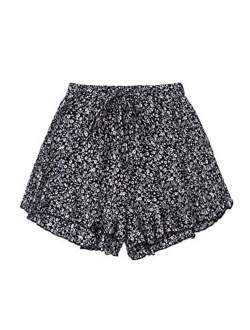 Women's Casual Tribal Print Elastic Waist Tie Front Summer Beach Shorts