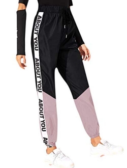 Womens Sweatpants Color Block Casual Loose Drawstring Waist Jogger Pants