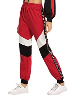 Womens Sweatpants Color Block Casual Loose Drawstring Waist Jogger Pants