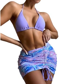 Women's 3 Pieces Beach Swimsuit Tropical Ruffle Halter Bikini Swimsuit with Cover up Wrap Skirt