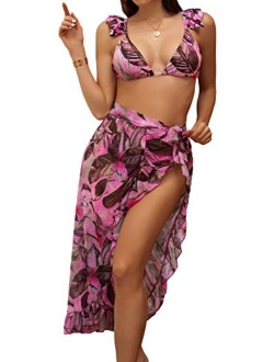 Women's 3 Pieces Beach Swimsuit Tropical Ruffle Halter Bikini Swimsuit with Cover up Wrap Skirt