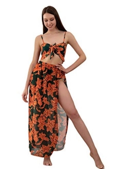 Women's 3 Pieces Beach Swimsuit Tropical Ruffle Halter Bikini Swimsuit with Cover up Wrap Skirt