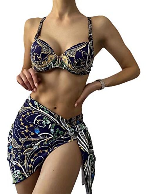 SweatyRocks Women's 3 Pieces Beach Swimsuit Tropical Ruffle Halter Bikini Swimsuit with Cover up Wrap Skirt