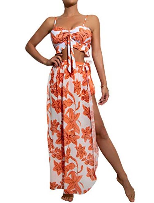 SweatyRocks Women's 3 Pieces Beach Swimsuit Tropical Ruffle Halter Bikini Swimsuit with Cover up Wrap Skirt