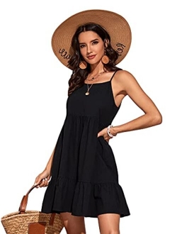 Women's Spaghetti Strap Ruffle Hem Solid Cami Babydoll Dresses