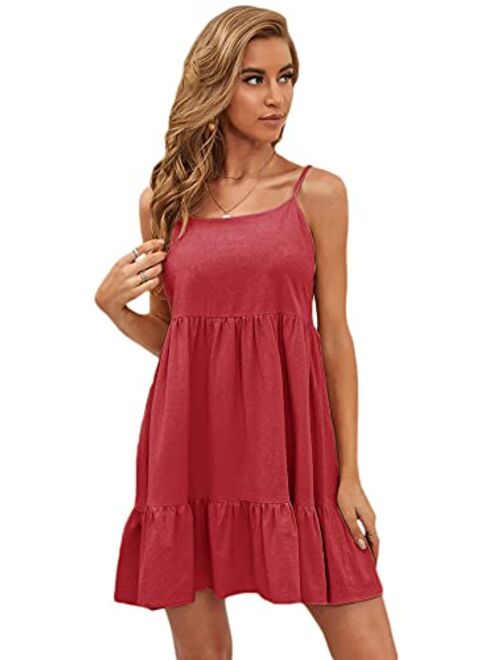 SweatyRocks Women's Spaghetti Strap Ruffle Hem Solid Cami Babydoll Dresses