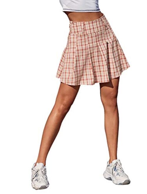 SweatyRocks Women's Plaid High Waist Pleated Flared A Line Mini Skater Skirt