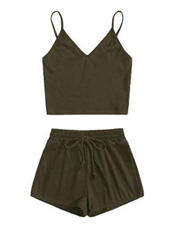 Women's Suit Two Piece Outfits Sleeveless Crop Cami Top and Shorts Set