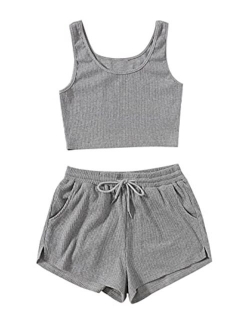 Women's Suit Two Piece Outfits Sleeveless Crop Cami Top and Shorts Set