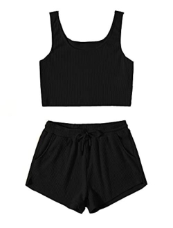 Women's Suit Two Piece Outfits Sleeveless Crop Cami Top and Shorts Set