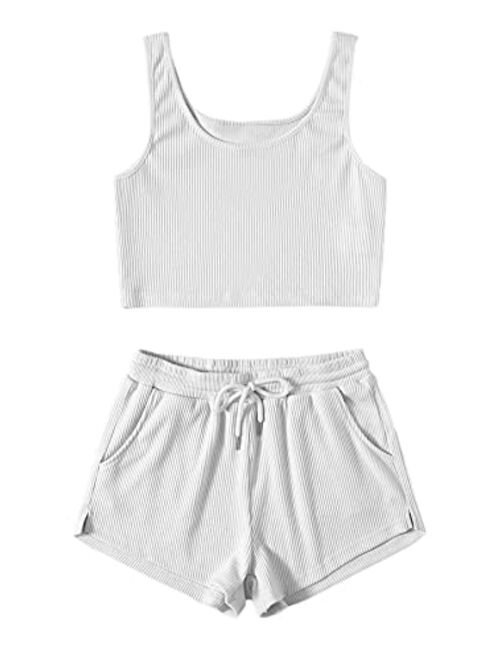 SweatyRocks Women's Suit Two Piece Outfits Sleeveless Crop Cami Top and Shorts Set